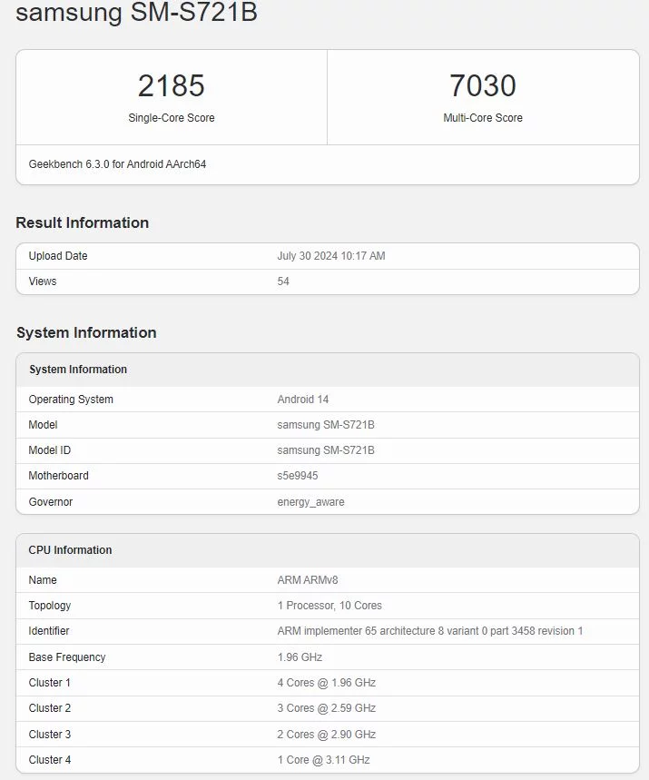 Samsung Galaxy S24 FE результати бенчмарка Geekbench