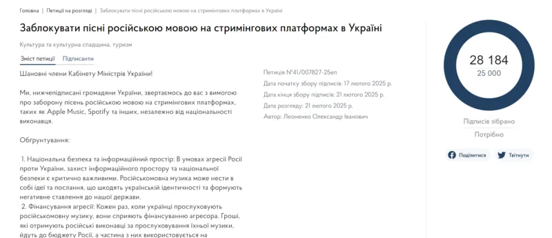 В Україні закликають заборонити російськомовну музику на стримінгах: петиція набрала понад 28 тисяч голосів