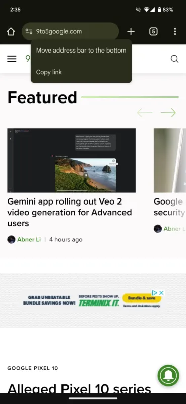 Chrome для Android переносить адресний рядок вниз