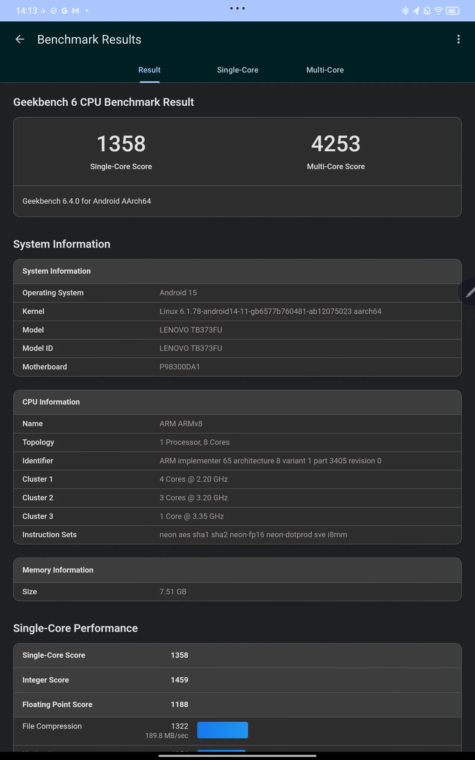 Продуктивність Lenovo Idea Tab Pro 8/256 у бенчмарках Geekbench 6
