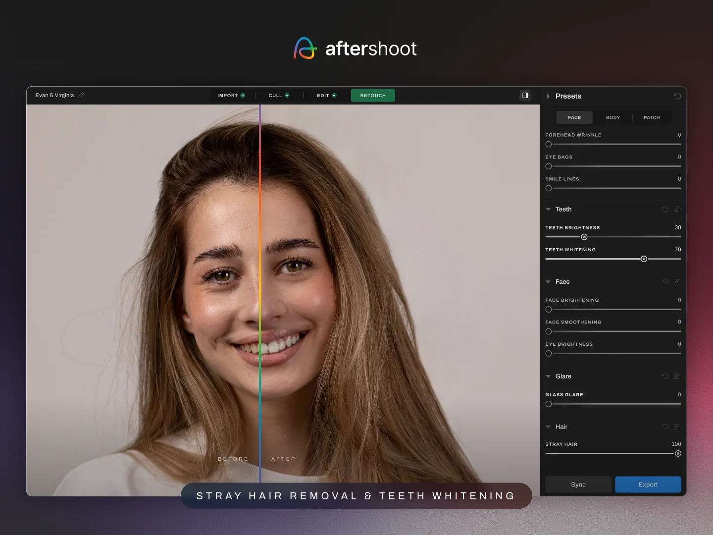 Stray Hair Removal & Teeth Whitening - Aftershoot AI Retouching