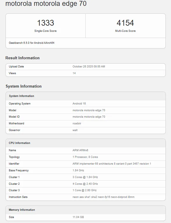 Motorola Edge 70, надтонкий конкурент iPhone Air та Galaxy S25 Edge, з'явився на Geekbench: детальні характеристики
