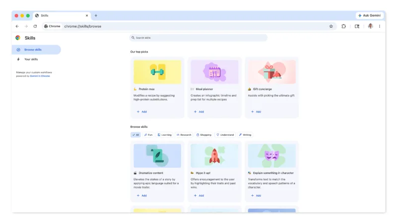 Google додала Skills до Chrome для збереження AI-запитів