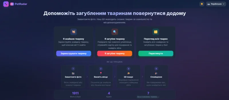 В Україні запустили AI-сервіс для пошуку загублених тварин PetRadar